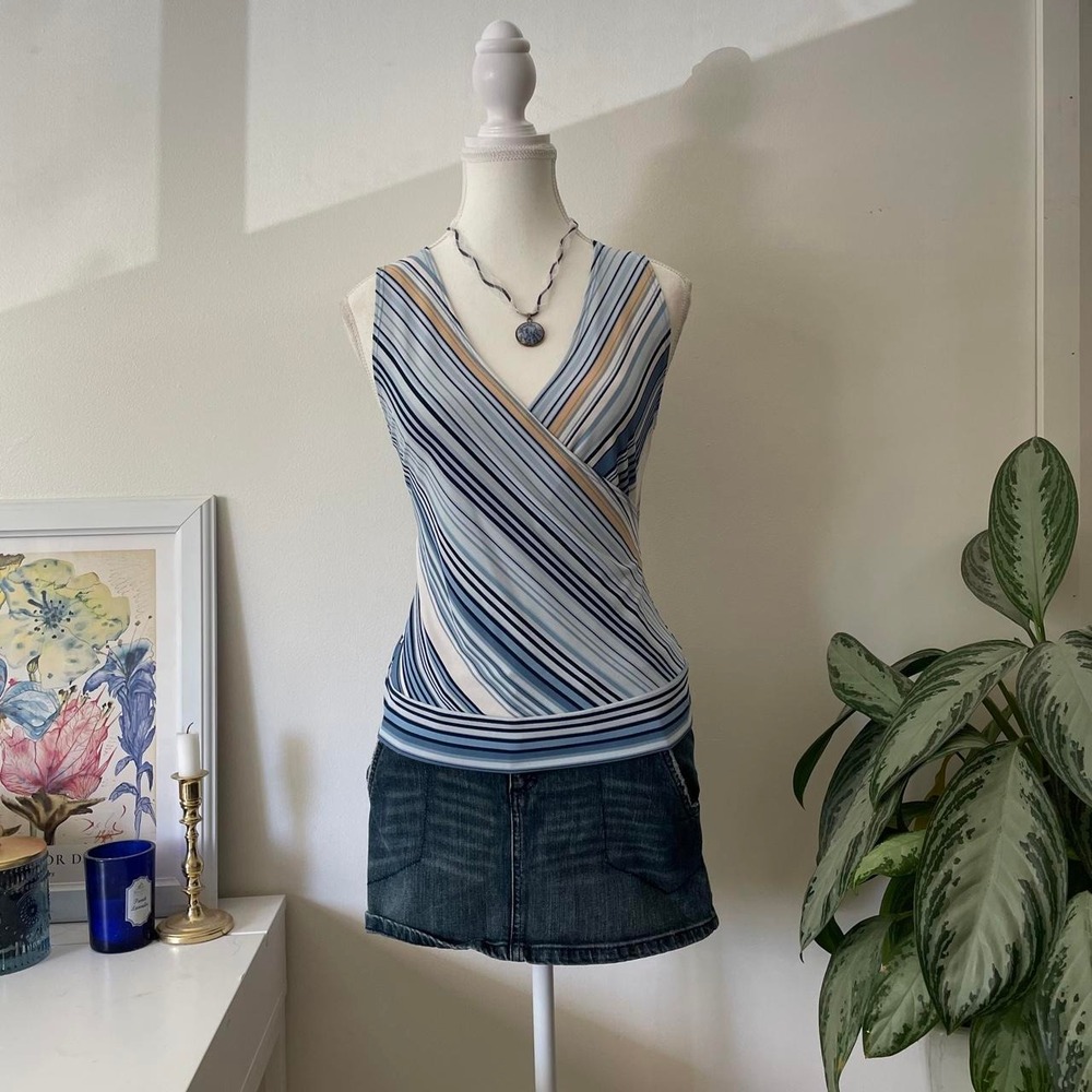 y2k Fairweather Milkmaid Striped Top Womens Sz L Blue Boho Coquette
